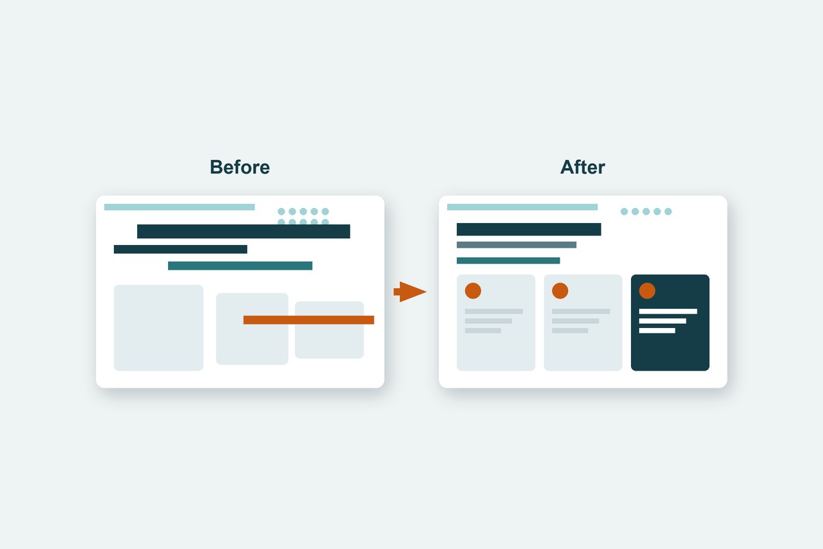 Before and after: a slide with titles in different sizes and overlapping text, next to the same slide with one title style and aligned content