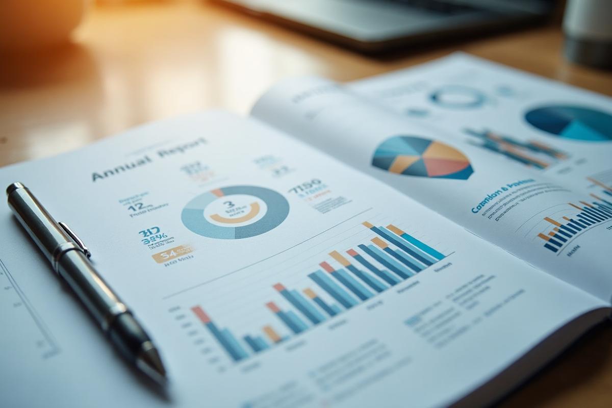 Business report with charts, tables, and data visualisations on a desk