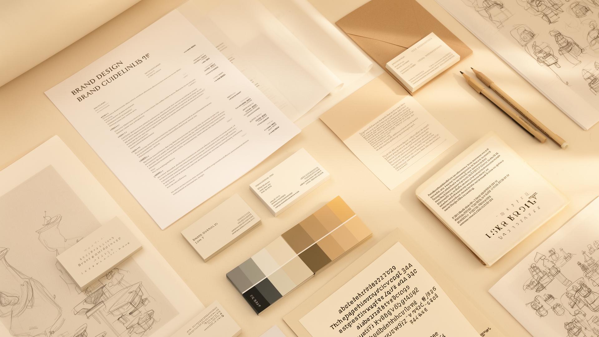 Branded stationery, documents and colour swatches laid out on a desk