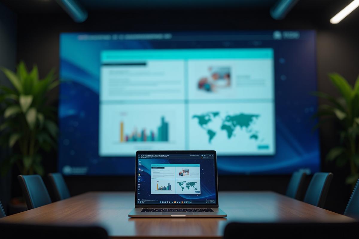 Investor pitch deck slides laid out on a wooden desk with a notebook